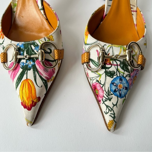 Gucci Flora Horsebit 1955 90's Iconic Kitten Mules Botanical Print sz 8B - Picture 5 of 10